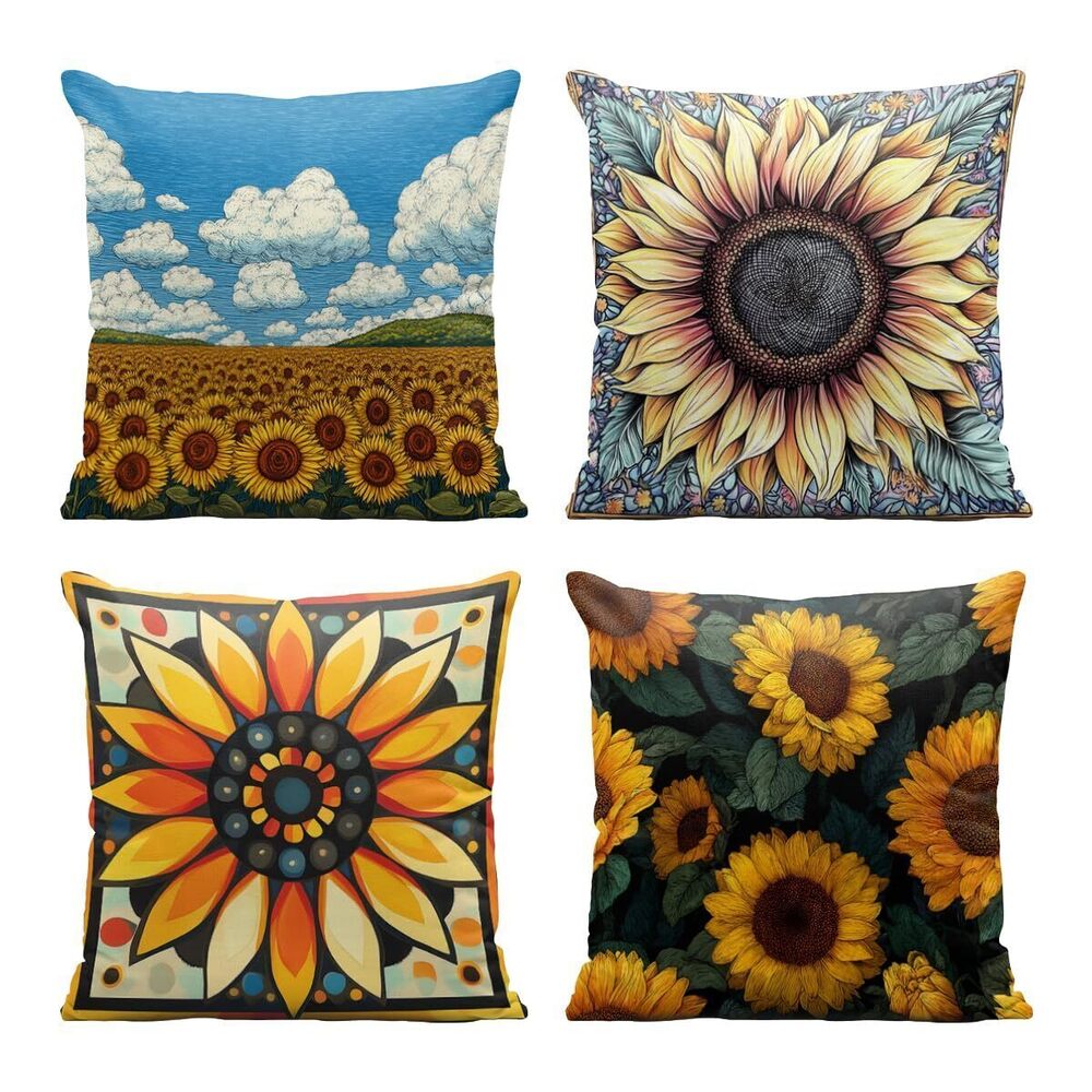 5130 Sunflower Pillow Covers 18x18 Inch Set of 4, Retro Spring Summer